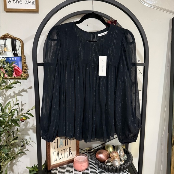 Unsubscribed silk black and silver long sleeve flowy pleated lined blouse - Picture 1 of 8